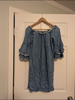 Boston Proper Light Blue Off-Shoulder Ruffle Chambray Mini Dress